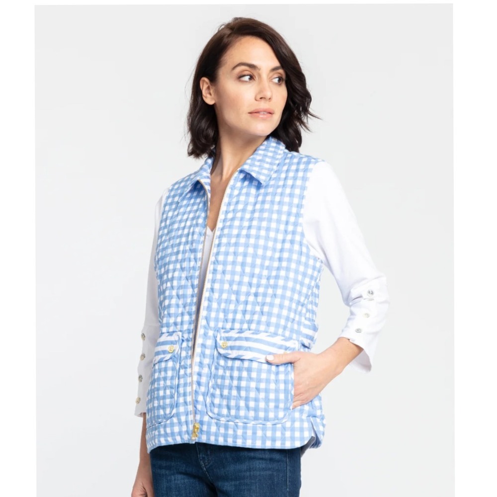 NEW Hinson Wu Lauren Reversible Gingham Check to Stripe Vest Blue White Small